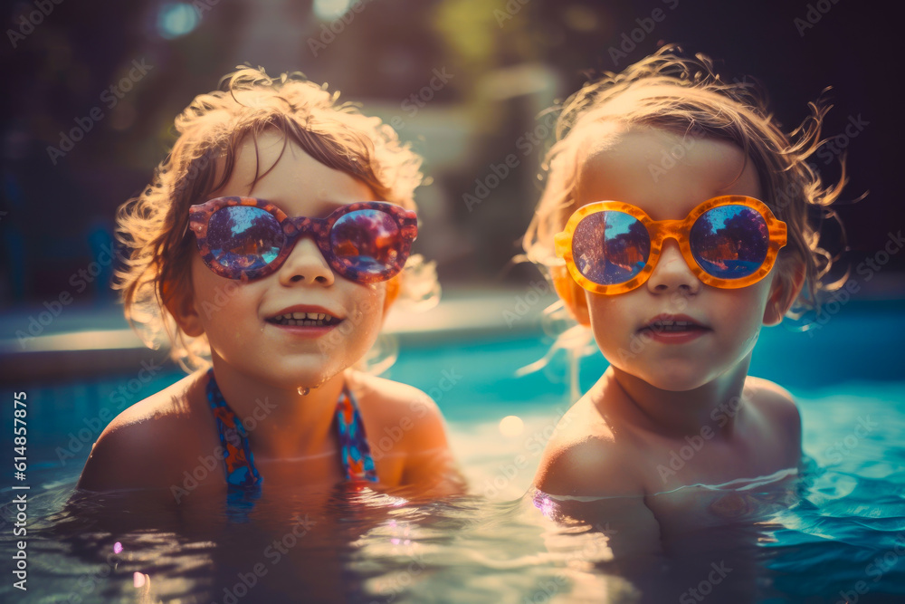 happy cute kids in sunglasses at pool. Summer Vacation Fun. Generative AI. 