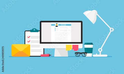 Recruitment agency workspace. Workplace of HR specialist with cv resume on monitor. Search and select professional staff. Job interview, employment.