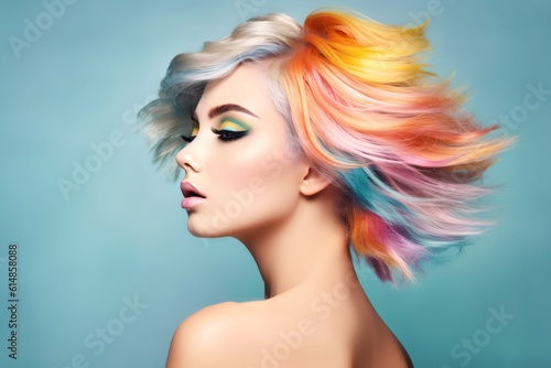 Beautiful woman with multi-colored rainbow hair and creative make up and hairstyle. Beauty face. Generative Ai.