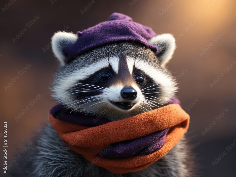 Cute racoon wearing a scarf and warm hat. ai generative