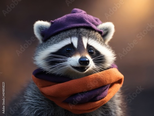 Cute racoon wearing a scarf and warm hat. ai generative © Igor