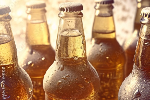 Close-up of an ice-cold bottle of craft beer, featuring its unique label design and condensation droplets. Generative ai.