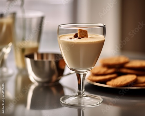 Zabaione served alongside biscotti on a white marble background