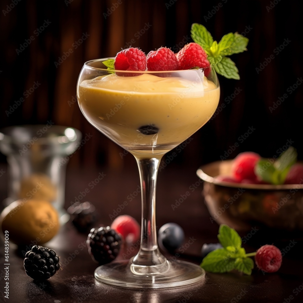 Zabaione served in a wine glass, garnished with fresh berries and mint Zabaione served in a wine glass, garnished with fresh berries and mint