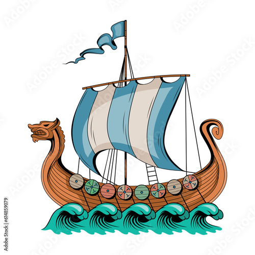 Drakkar ship. Vector illustration of a viking, scandinavian warship with a dragons head