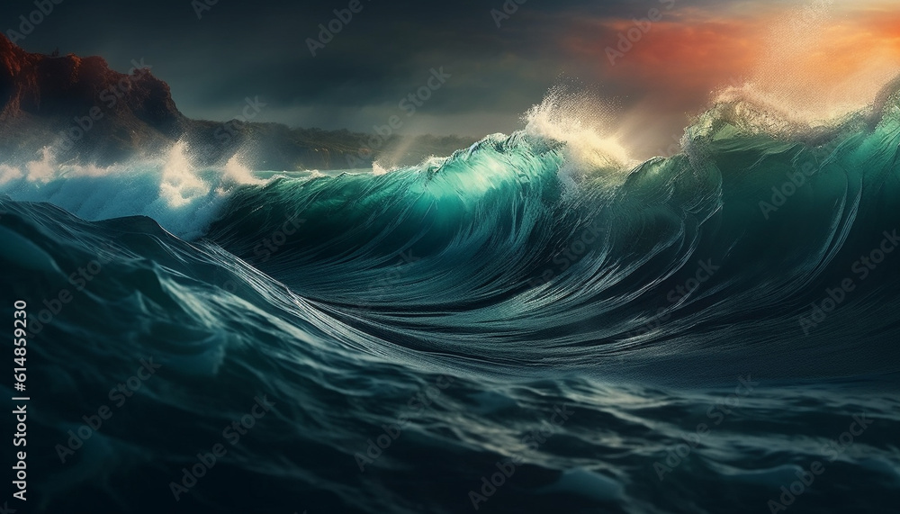 Fototapeta premium The majestic wave crashes, spraying liquid in a beautiful seascape generated by AI