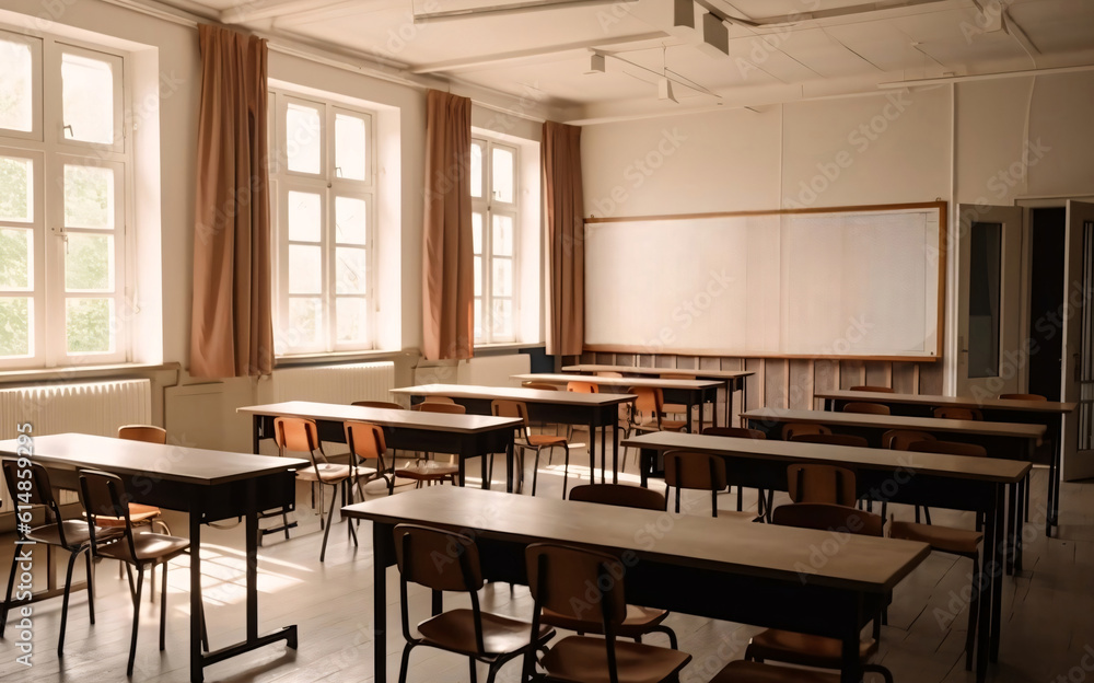 An empty classroom with desks and chairs.
