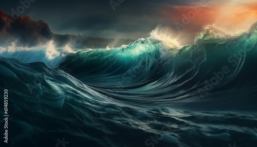 The majestic wave crashes, spraying liquid in a beautiful seascape generated by AI