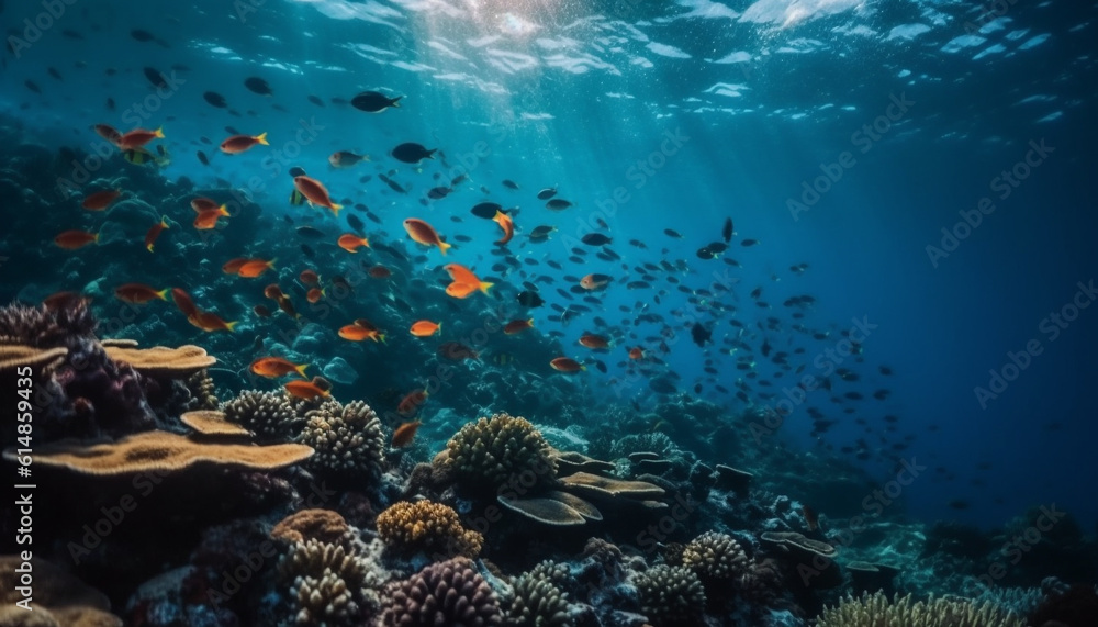 Deep below, a multi colored reef teems with aquatic life generated by AI Deep below, a multi colored reef teems with aquatic life generated by AI