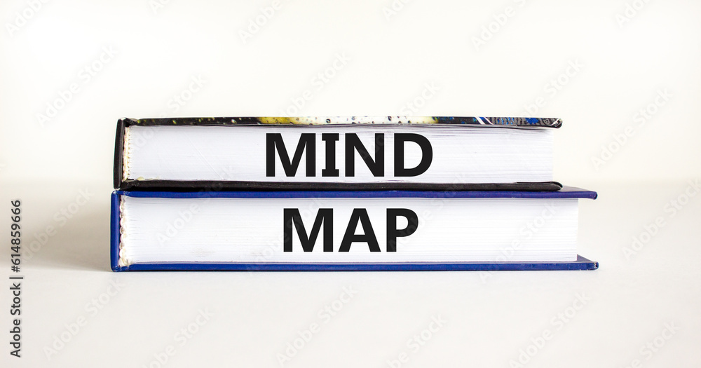 Mind map symbol. Concept words Mind map on beautiful books on a beautiful white table white background. Business, support, motivation, psychological and mind map concept. Copy space.