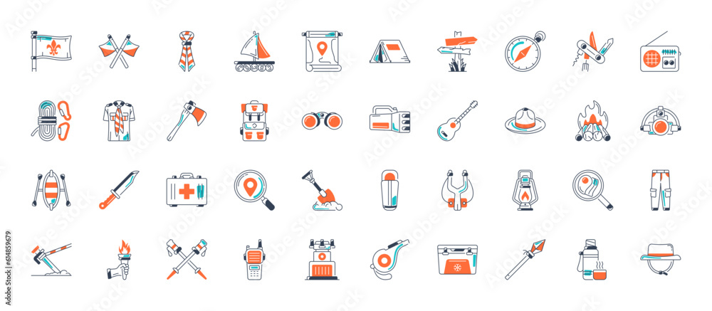 Fototapeta premium set of 40 scouts icons. Solid icons such as tent, shore, beanie, animal, life vest, fleur de lis, wristwatch and more 