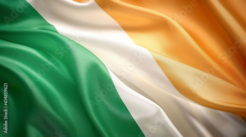 Republic of Ireland tricolour silk fabric flag with ripples background. A.I. Generated. photo