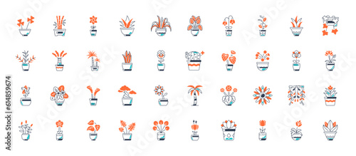 Indoor plants in flower pot icon set, vases, basket for interior isolated on white background. Home greener. Vector set
