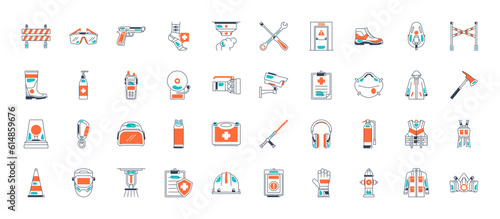 Job protection and safety in the workplace, icon set. work area safety. Notification and warning of danger. 
