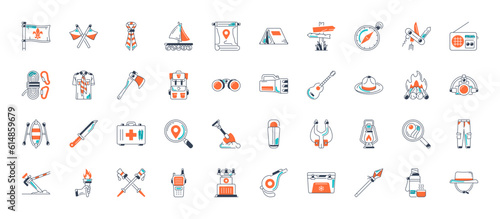 set of 40 scouts icons. Solid icons such as tent, shore, beanie, animal, life vest, fleur de lis, wristwatch and more
