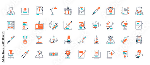 Learning icon set. Containing study, graduation, student, knowledge, learning, school and stationery icons. Solid icon set. Vector illustration.

