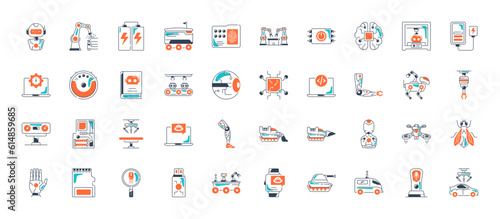 Robotic icon set. Machine learning icons. Robotics, iot, biometric, device, chip, robot, cloud computing and automation icon. Vector illustration. 