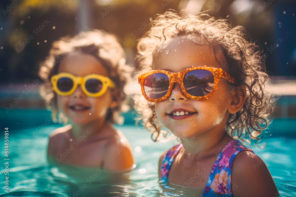 Portrait of Two Adorable cute little girls in sunglasses at pool. Summer Vacation Fun. Generative AI. 