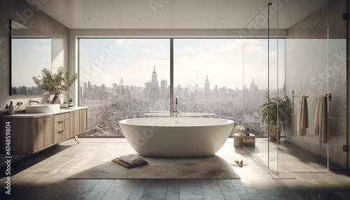 Modern luxury bathroom with marble flooring, elegant design and cityscape view generated by AI © Stockgiu
