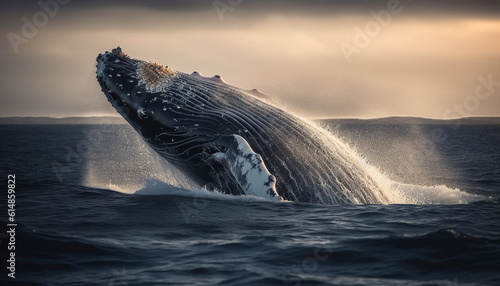 A majestic humpback whale breaches, splashing in the blue sea generated by AI © Stockgiu