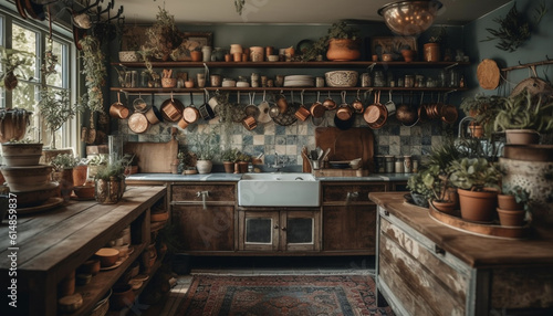Rustic kitchen decor with modern elegance, no people in sight generated by AI