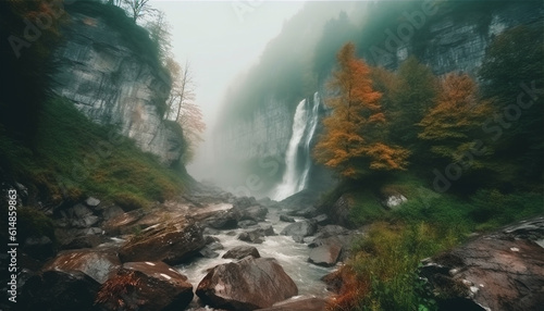 Tranquil scene of majestic mountain range, flowing water and natural beauty generated by AI