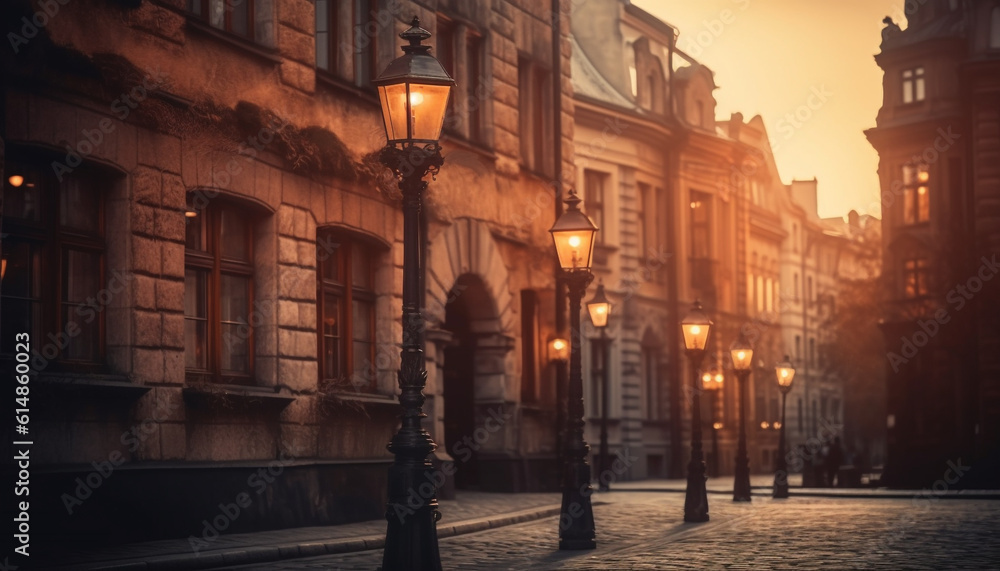 The old town architecture illuminated by yellow lanterns at dusk generated by AI