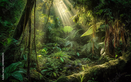 Sunrays Illuminating Tropical Jungle Floor  Generative AI