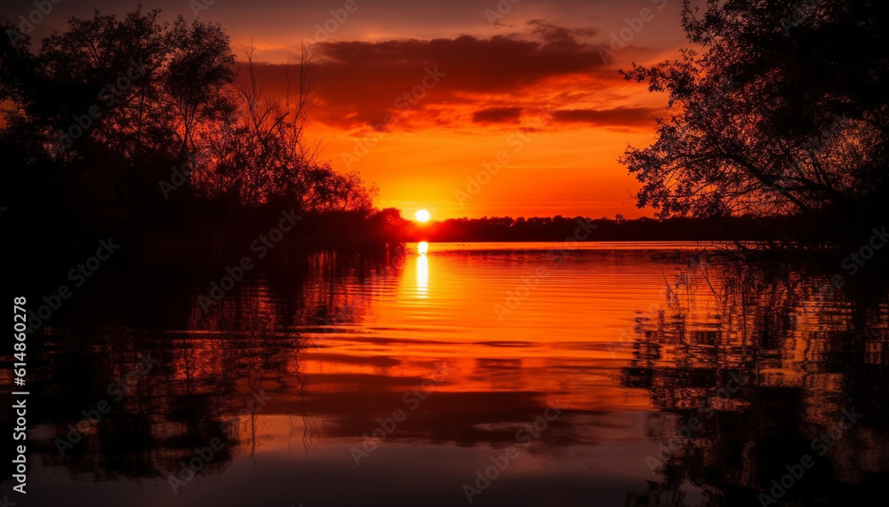 A tranquil scene at dusk, the sun reflection on water generated by AI