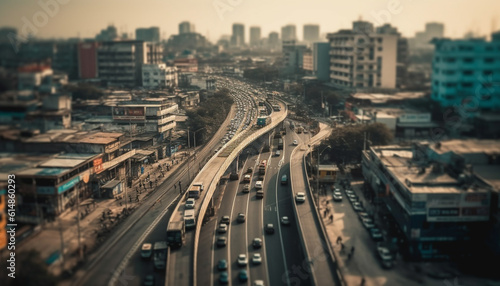 Rush hour traffic blurs city skyline, illuminated by street lights generated by AI © Stockgiu