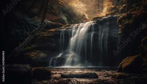 Tranquil scene of a flowing river in a tropical rainforest generated by AI