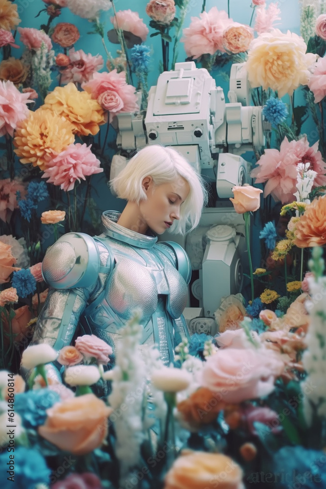 futuristic woman sleeping in a flower garden, Generative AI