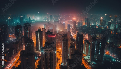 Twilight skyline glows with multi colored skyscrapers in financial district generated by AI