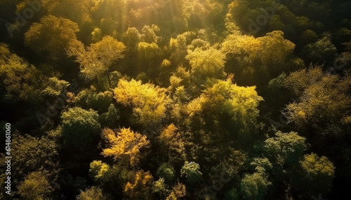 The vibrant autumn forest glows with yellow and gold colors generated by AI