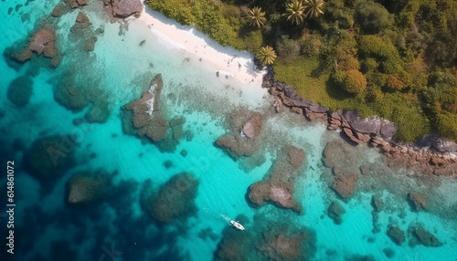 Turquoise waters reflect idyllic summer coastline from high angle drone generated by AI