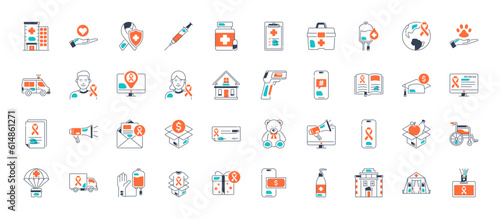 Medicine and healthcare set of web icons. Medical icons for web and mobile app. Medicine and Health Care symbols. Emergency, medical equipment, RX, MRI, doctor, lab, virus, prescription 