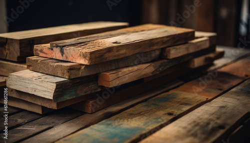 Rough hardwood planks stacked in lumberyard, ready for construction industry generated by AI