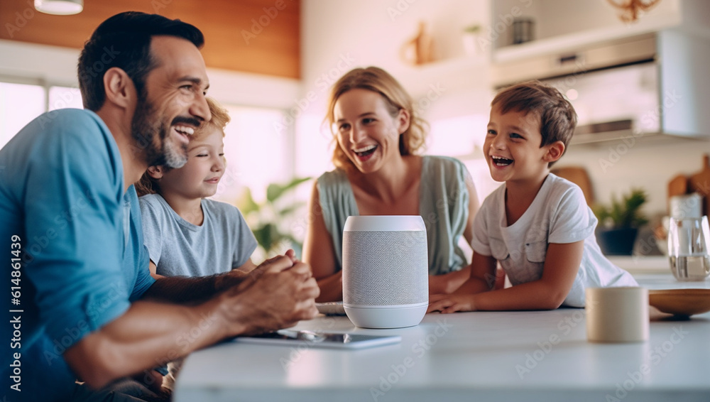 Smart AI speaker concept Happy Family talk to voice assistant at home and feel happy having fun. technology and internet concept Happy father, mother and children Smart AI speaker concept Happy Family talk to voice assistant at home and feel happy having fun. technology and internet concept Happy father, mother and children
