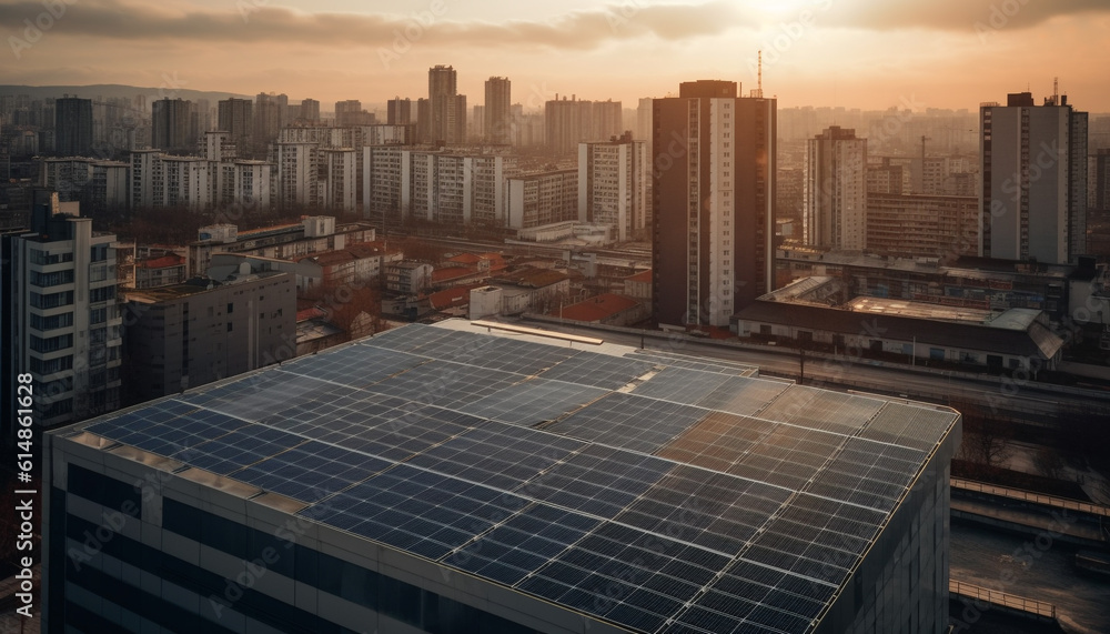 Sunset cityscape powered by solar energy, a sustainable innovation generated by AI