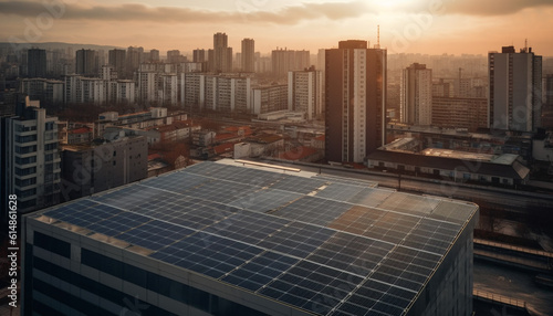 Sunset cityscape powered by solar energy, a sustainable innovation generated by AI