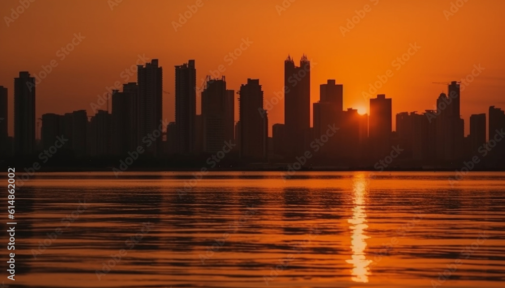 The vibrant city skyline glows in multi colored sunset reflection generated by AI