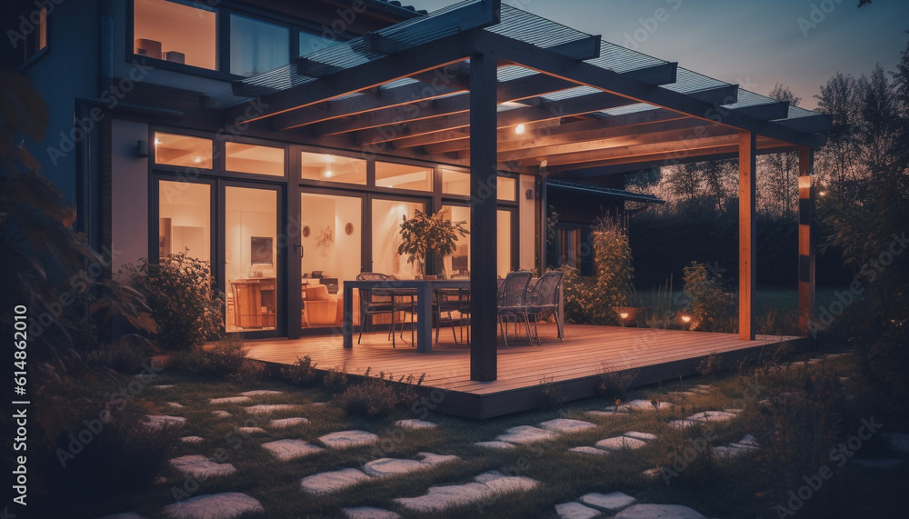 Fototapeta premium The modern architecture illuminated by lanterns creates a luxurious atmosphere generated by AI