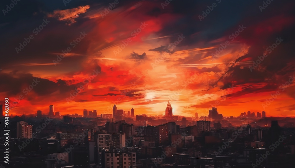 Dramatic sunset illuminates urban skyline, multi colored skyscrapers backlit by twilight generated by AI