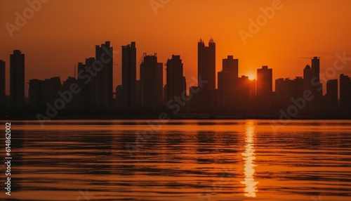 The vibrant city skyline glows in multi colored sunset reflection generated by AI