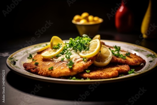 Fototapeta Cotoletta alla Milanese with a side of lemon wedges and a parsley garnish on a p