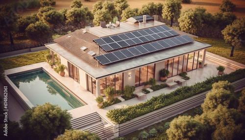 Clean solar energy powers modern residential building in nature landscape generated by AI