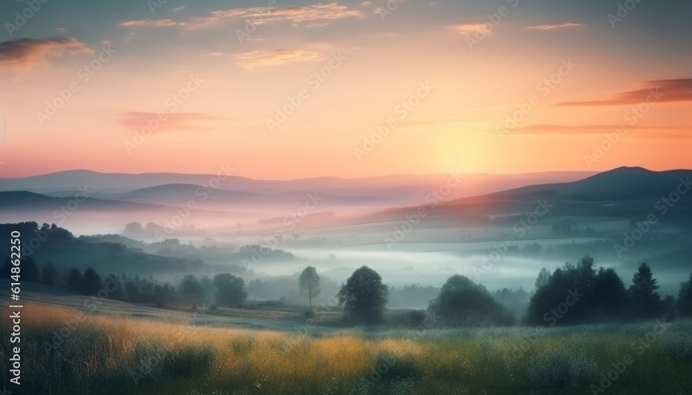 Fototapeta premium Silhouette of pine tree on mountain peak at twilight generated by AI