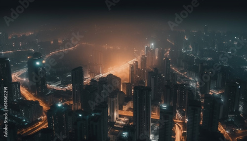 Modern skyscrapers illuminate city skyline at dusk, a futuristic development generated by AI