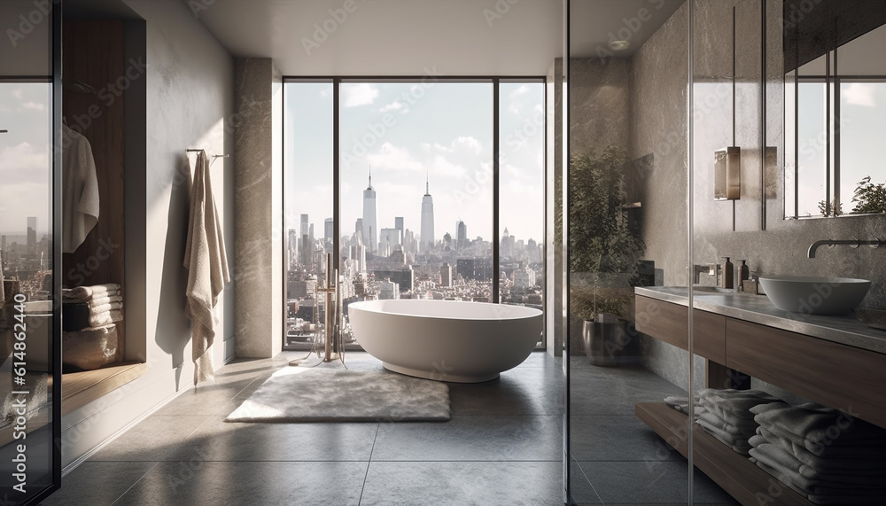 Looking through wide glass window at cityscape in modern apartment generated by AI Looking through wide glass window at cityscape in modern apartment generated by AI