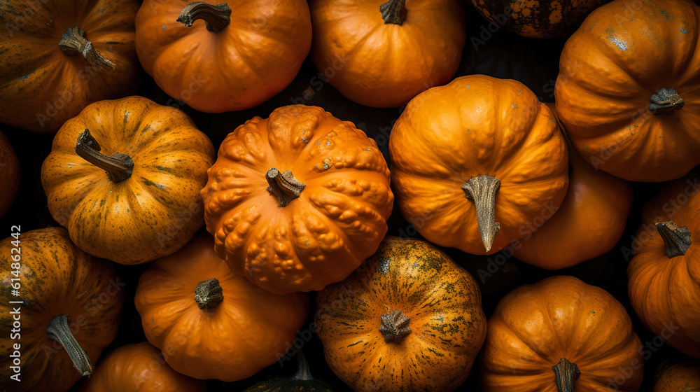 Close up pumpkins full frame fresh background. Organic pumpkins. Pumpkins top down view seamless background. Healthy ripe pumpkins. Realistic 3D illustration. Generative AI Close up pumpkins full frame fresh background. Organic pumpkins. Pumpkins top down view seamless background. Healthy ripe pumpkins. Realistic 3D illustration. Generative AI